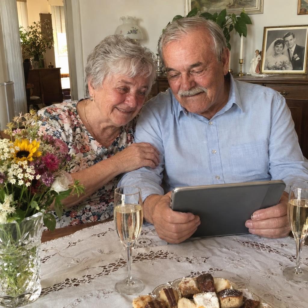 Idős házaspár az ebédlőasztalnál meghatottan nézi a tableten a családjuk üzeneteit