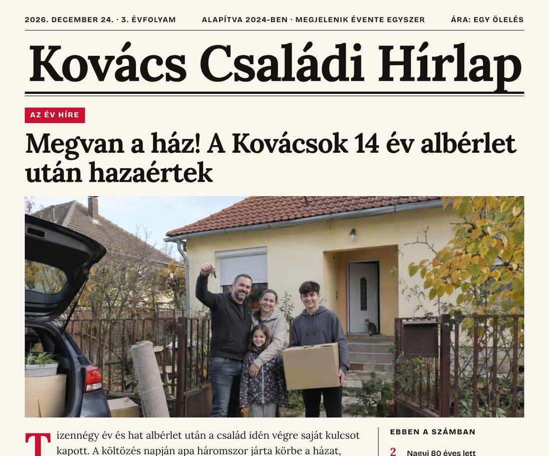 A címlap: fejléc a család nevével és az év vezető híre