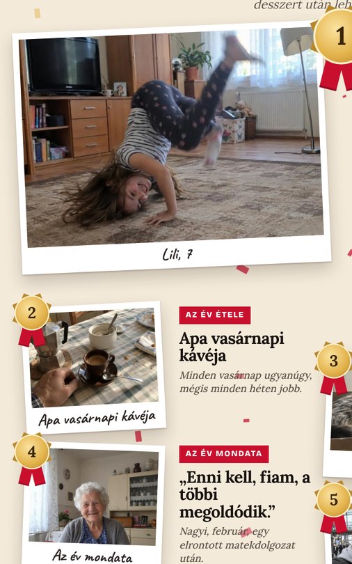 A díjátadó oldal: polaroidok és érmek
