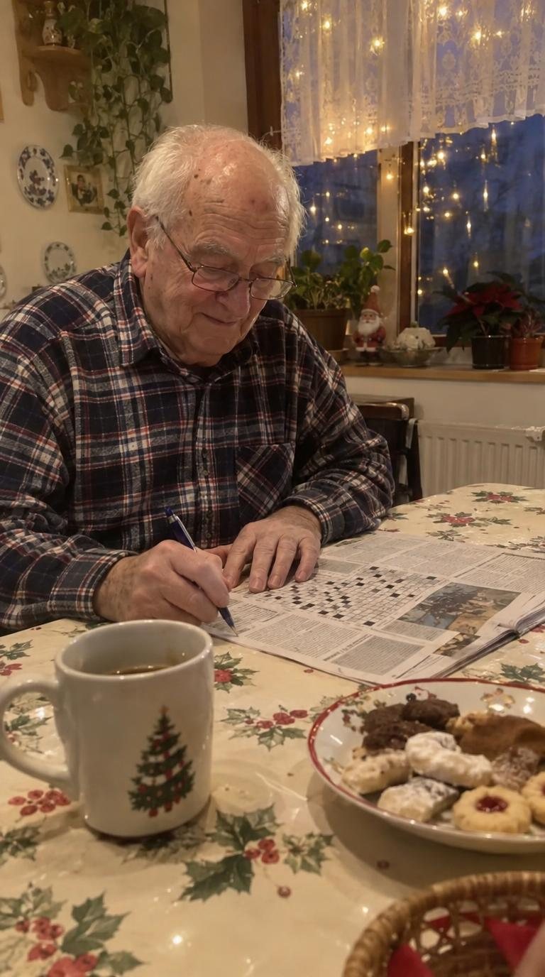 Nagypapa a konyhaasztalnál keresztrejtvényt fejt