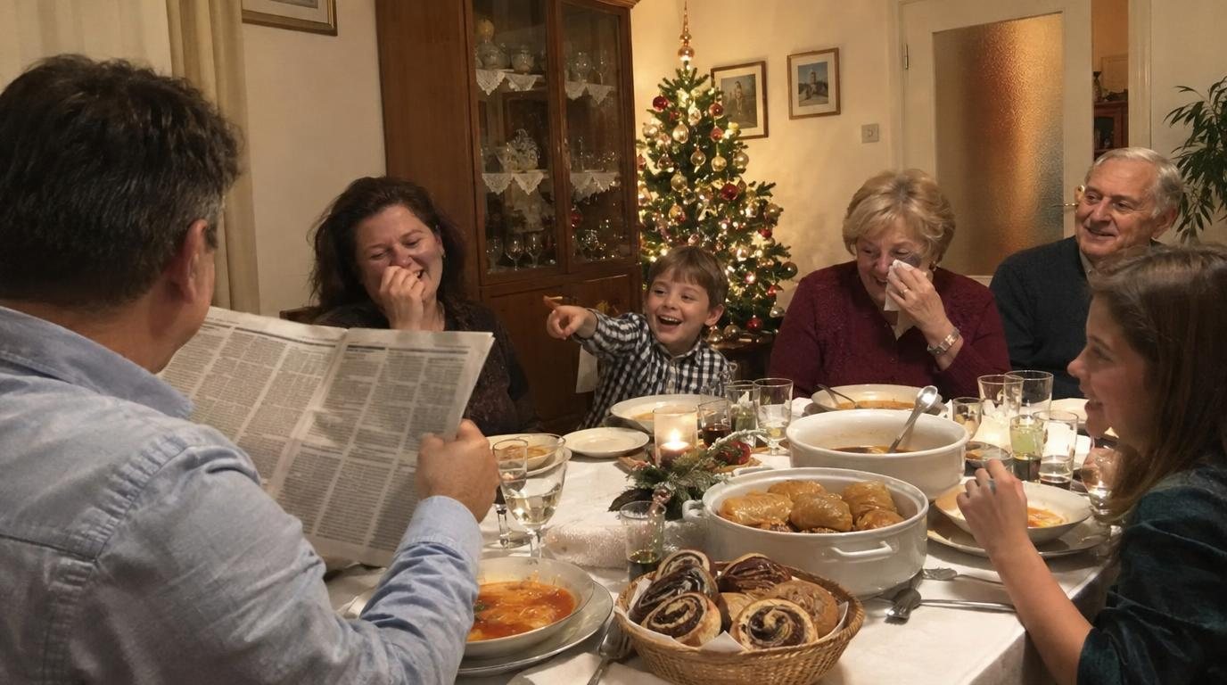 Család a karácsonyi vacsoraasztalnál: az apa az újságból olvas fel, a többiek nevetnek