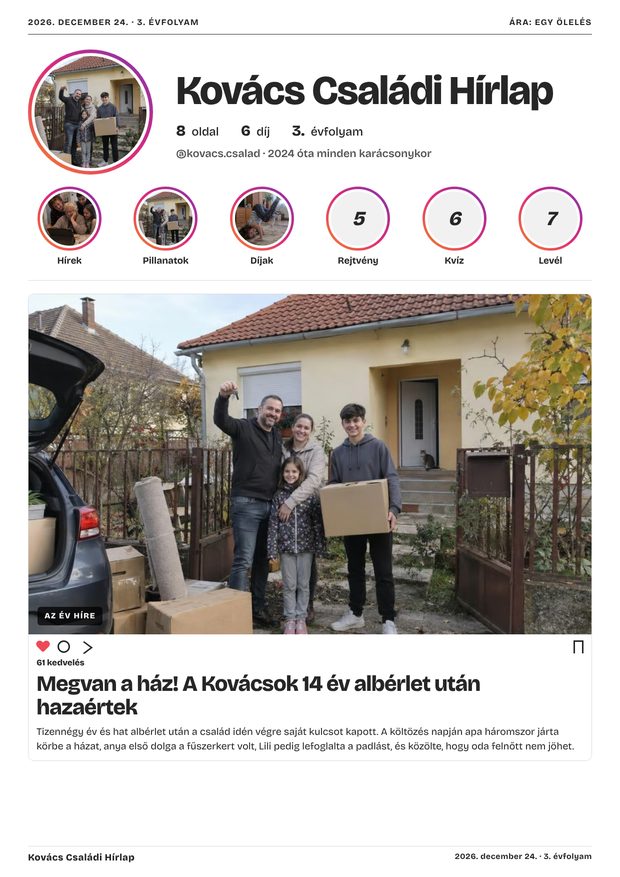 Közösségi oldal stílus · címlap: Kovács Családi Hírlap