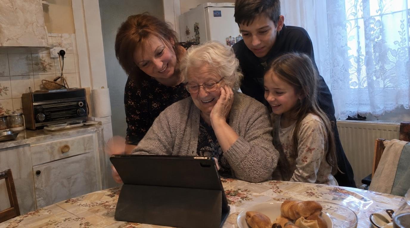 Nagymama a konyhaasztalnál a lányával és az unokáival együtt nézi a neki készült filmet