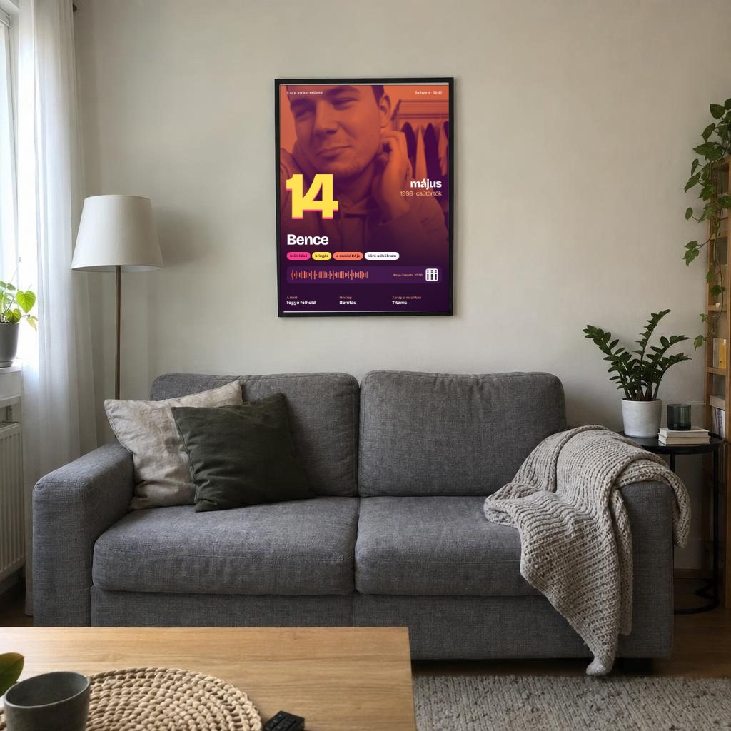 A bekeretezett születésnapi poszter a nappali falán