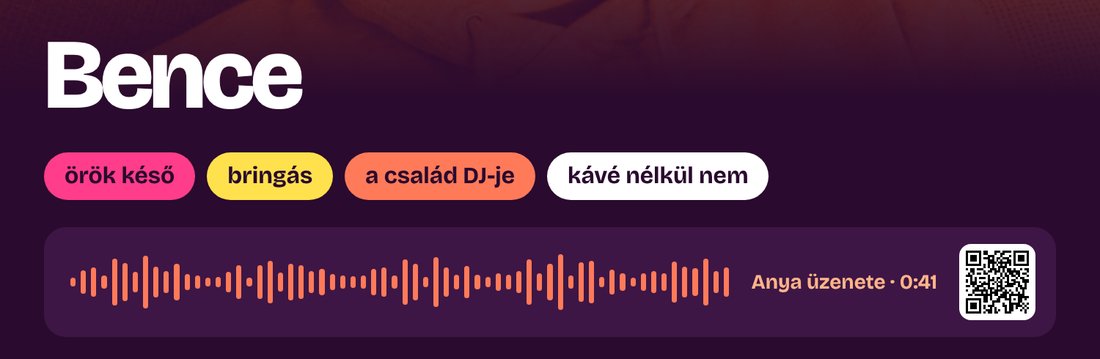 A poszter részlete: név, tulajdonságok és a hangüzenet hullámképe QR-kóddal