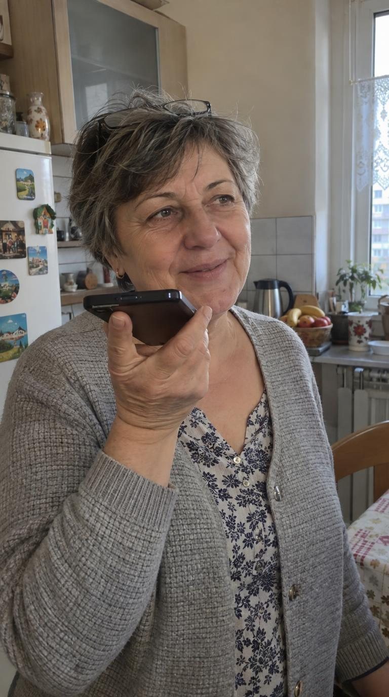 Édesanya a konyhában hangüzenetet mond a telefonjába