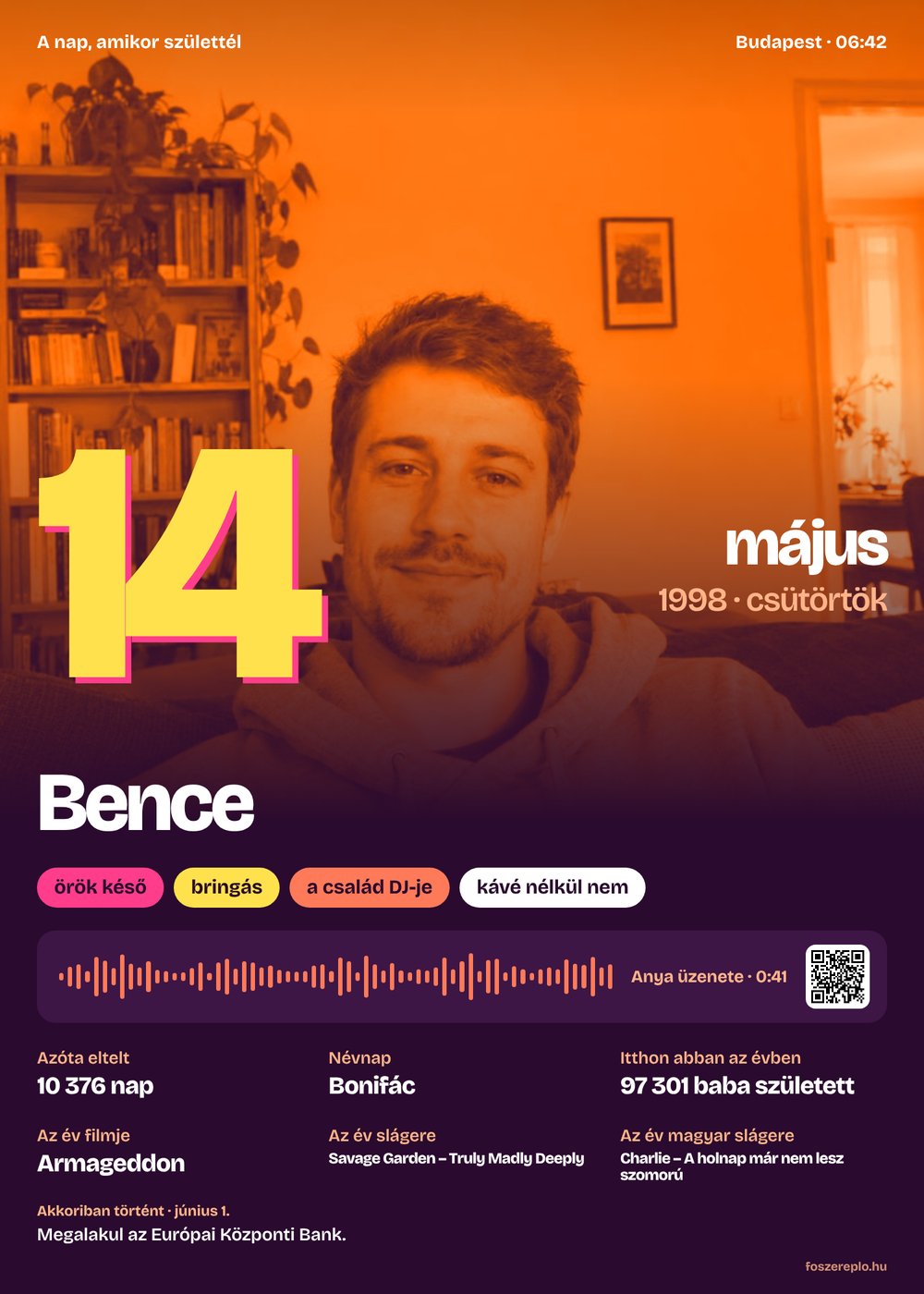 Poszter: Bence, 1998. május 14., fotóval és a hangüzenet hullámképével